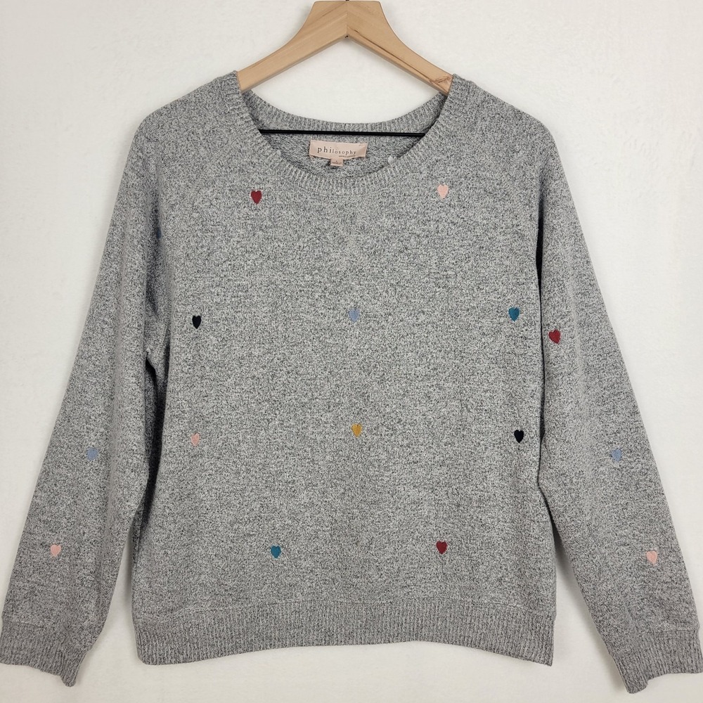 Philosophy Grey Heathered Knit Sweater Multi Embroidered Hearts Crewneck Size L
